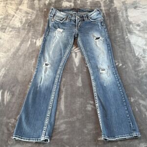 Silver Jeans Co Pioneer Distressed Bootcut Jeans Blue W26 L31 Low Rise Womens